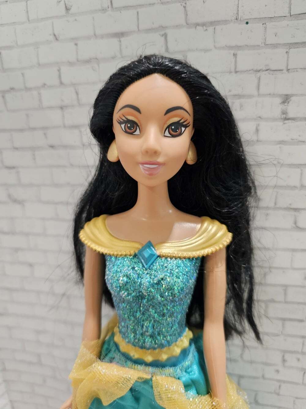 2013 Mattel Disney Princess Jasmine Sparkle Doll Aladdin Teal Gold Gown No Shoes